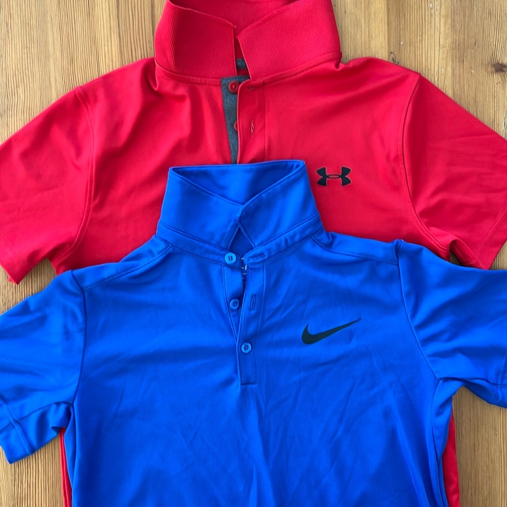 Under Armour Heat Gear & Nike Dri-Fit Polo Top Short, size YM Red & Blue